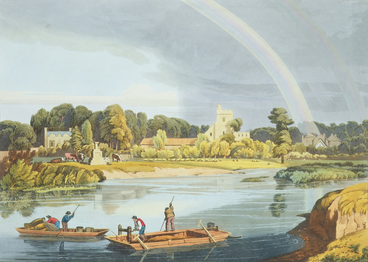 Genç Robert Havell (1793-1878) tarafından oyulmuş Nehrin Kıyısında Şehir Taşlı Staines Kilisesi, 1818'de yayınlandı (aquatint) by William Havell