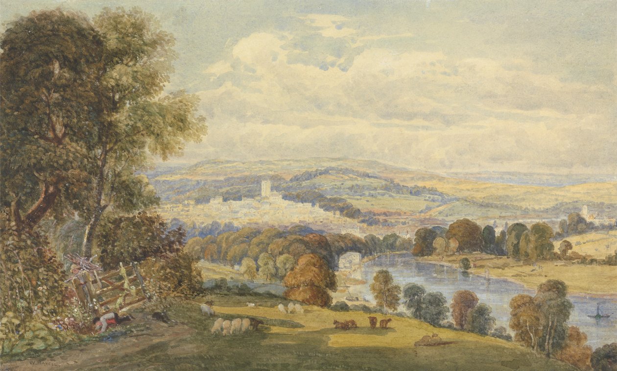 Totnes, Devon'un görünümü by William Havell