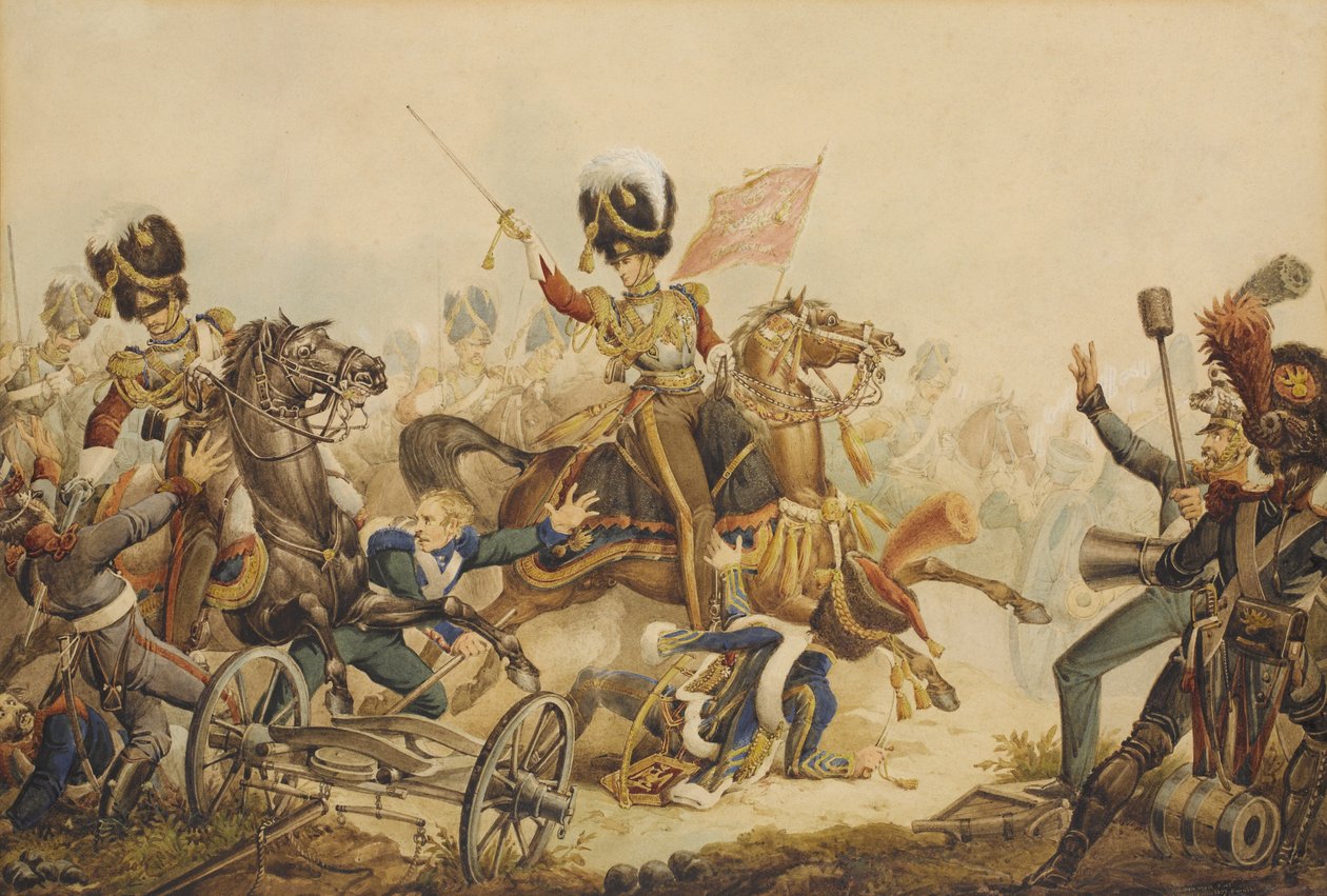1st Life Guards charging French Artillery at the Battle of Waterloo in 1815, 1820  by William Heath