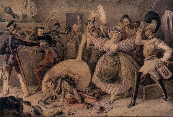 A Brawl in an Inn, 1830 dolayları (kalem üzerine sulu boya, kağıt üzerine guaj boya ile yükseltilmiş) by William Heath