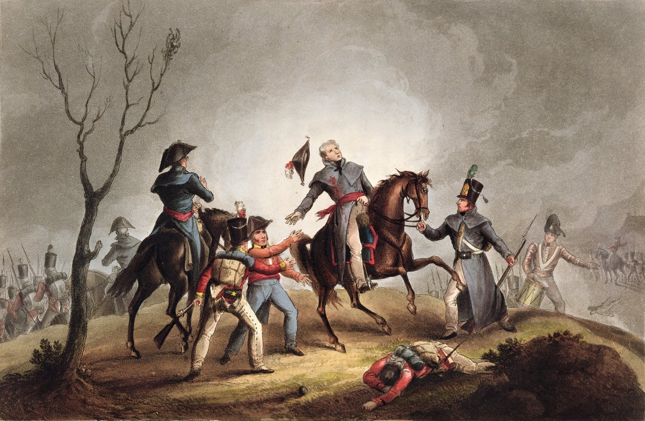 Sir John Moore'un Ölümü (1761-1809) 17 Ocak 1809, James Jenkins'in 'Büyük Britanya ve Müttefiklerinin 1799-1815'ten Dövüş Başarıları'ndan, Thomas Sutherland (bc1785) tarafından oyulmuş publis by William Heath