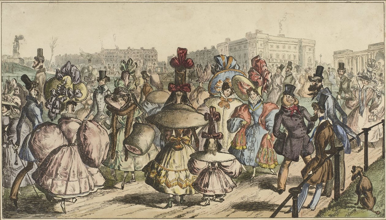 Bir şehirde bir parkta yürüyen çarpıcı kıyafetleri içinde kadın ve erkek Park - 1830 (nesne üzerindeki başlık) by William Heath