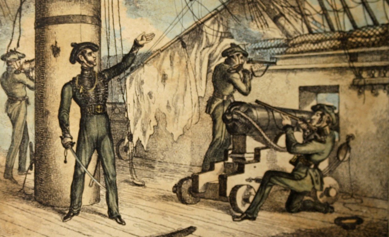 Deniz tüfekçileri kimliği belirsiz bir savaş gemisinde hareket halinde, c.1835 (el ile boyanmış gravür) by William Heath
