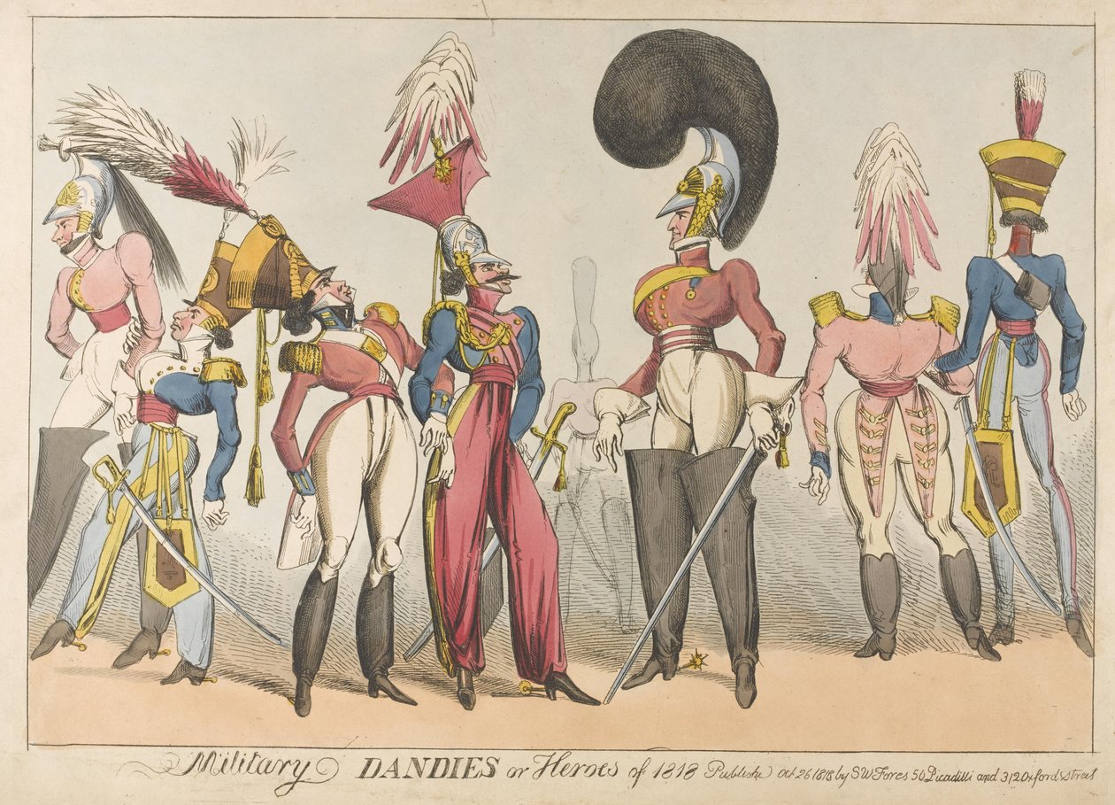 Askeri Dandies veya 1818, 1818 Kahramanları (renkli gravür) by William Heath