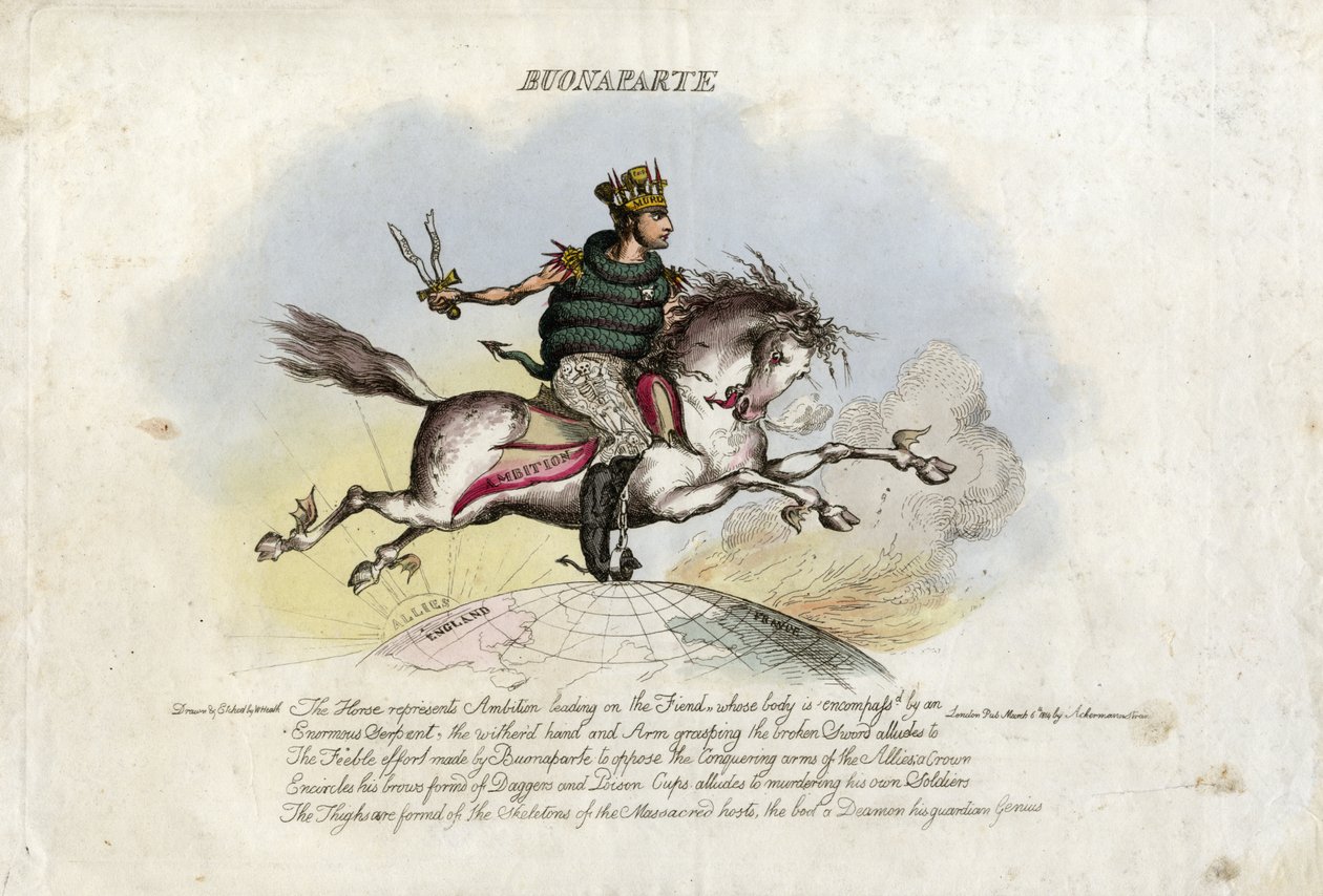 Napolyon, dünyanın üzerinde ayakları üzerinde kanatları olan bir at olan Hırs üzerinde dörtnala gidiyor by William Heath