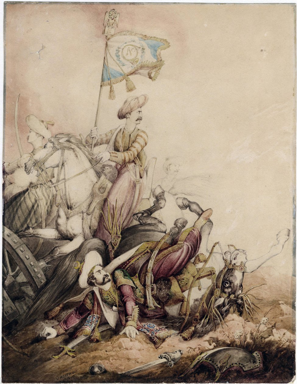 ""Porte etendard mamelouk au muharebe"" (savaşta Memluk bayraktarı) Aquarelle de William Heath (1795-1840) - 1818 Dim 33,5x25,9 cm Özel Koleksiyon by William Heath
