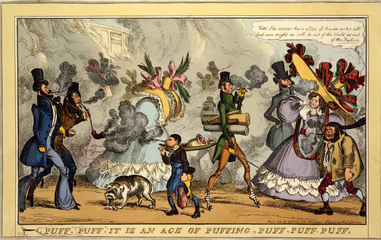 Puff, Puff, şişirme çağıdır, Puff, Puff, Puff, pub. Thos. McLean, Londra, 1827 (el boyaması gravür) by William Heath