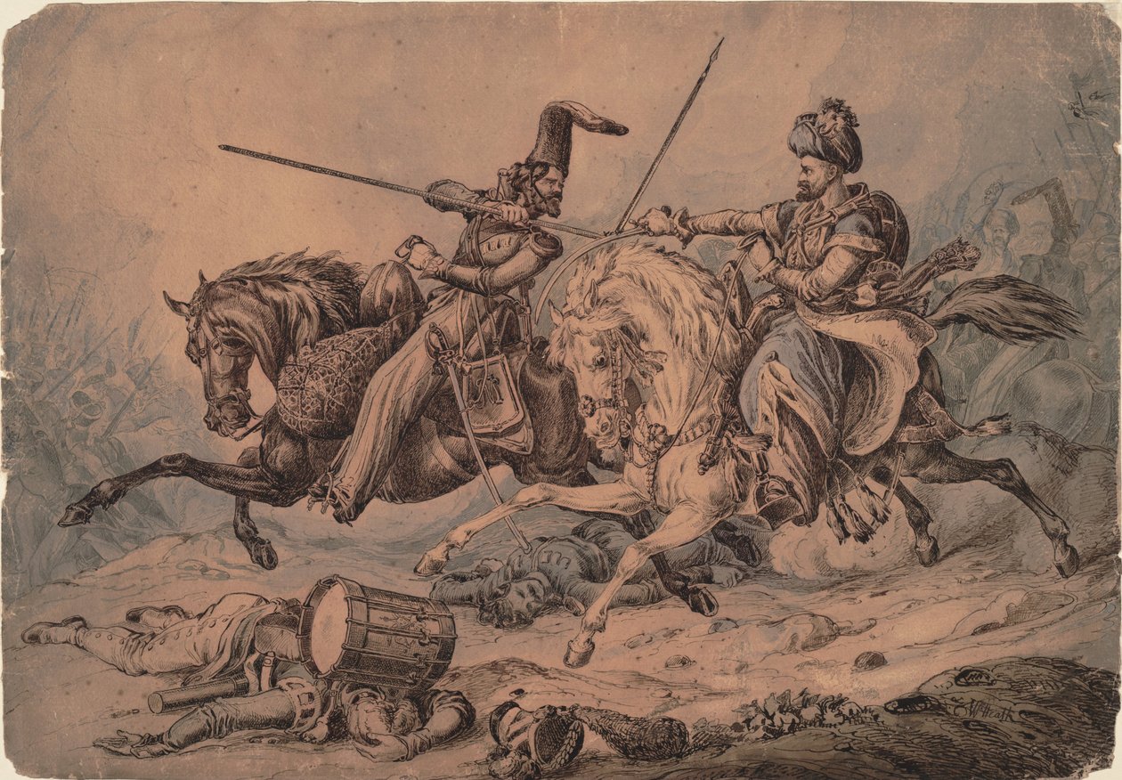 Bir Memluk ile savaşan Rus Kazak, 1815 by William Heath