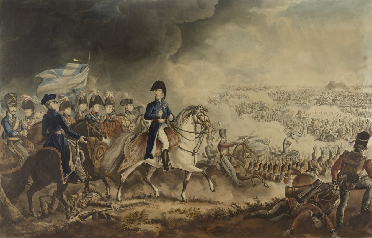 The Duke of Wellington and the Most Distinguished Officers at the Battle of Waterloo, 18 Jun 1815, aquatint by W.T. Fry and T. Sutherland, published by J. Jenkins, London, 18 Jun 1817 (coloured aquati by William Heath