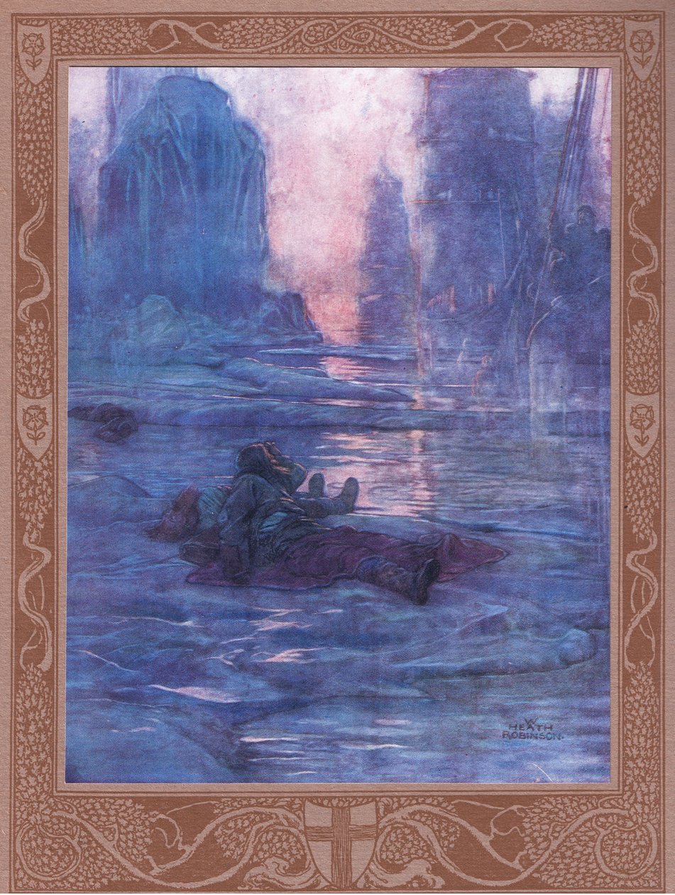Takip et-kaybettiğimiz patikalarda bekliyoruz. Birçok adımın sesi için, bir konağın adımı için. by William Heath Robinson