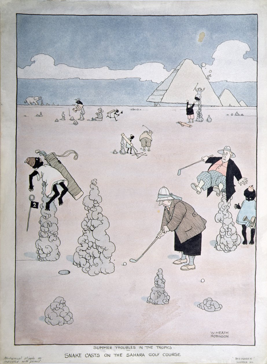 Tropiklerde Yaz Sorunları - Sahara Golf Sahasında Snake Casts (kalem, mürekkep ve sulu boya) by William Heath Robinson