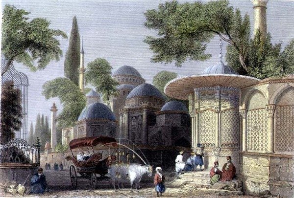 Roberts Sands (1792-1855) tarafından oyulmuş Chahzade Çeşmesi ve Camii, c.1850 (aquatint) by William Henry (after) Bartlett