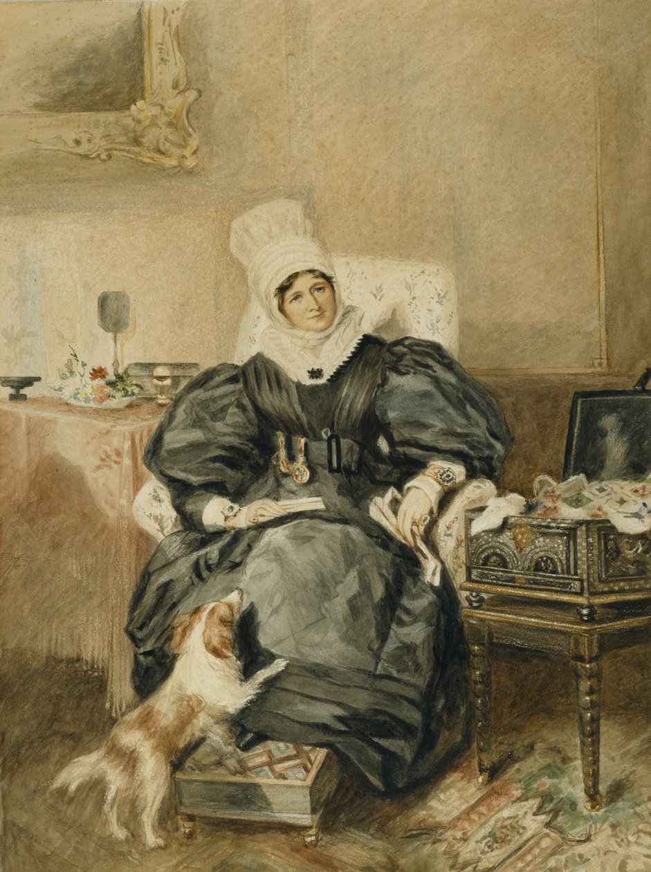 Köpekli bir masanın yanında bir bayanın portresi (kağıt üzerine suluboya) by William Henry (after) Hunt