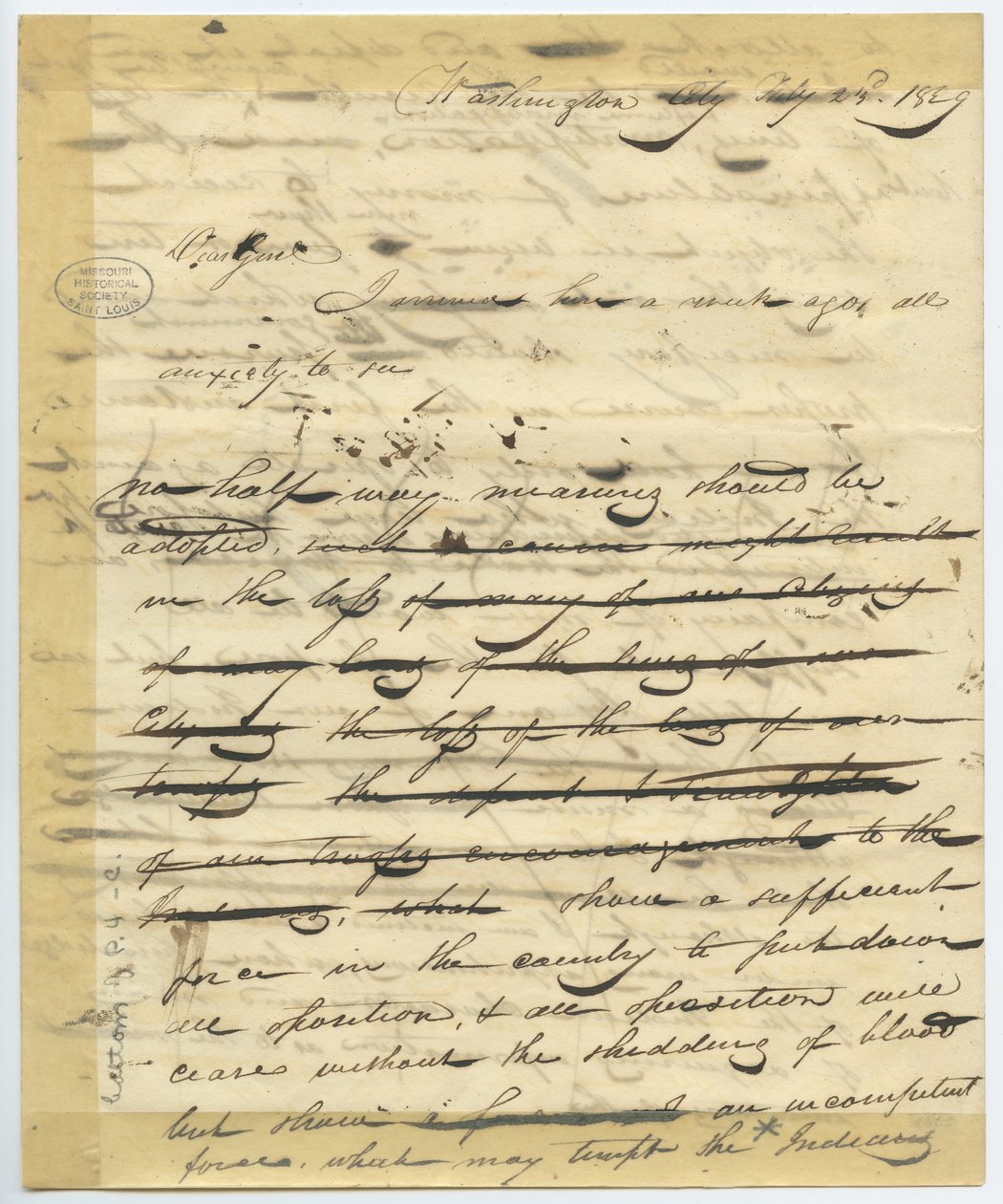 Washington'dan William H. Ashley'nin mektubunun taslağı şöyle başlıyor: “Sevgili Genl, buraya bir hafta önce geldim. . ” by William Henry Ashley