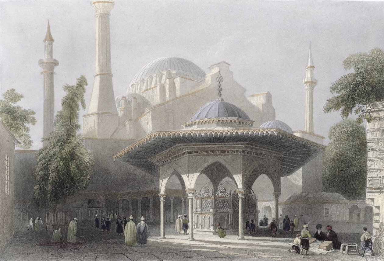 Ayasofya Avlusu ve Çeşmesi, İstanbul, J. Redaway tarafından gravür, c.1850 (aquatint) by William Henry Bartlett
