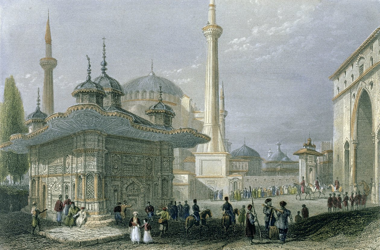 Çeşme ve Ayasofya Meydanı, İstanbul, T. Higham tarafından oyulmuş, c.1850 (aquatint) by William Henry Bartlett