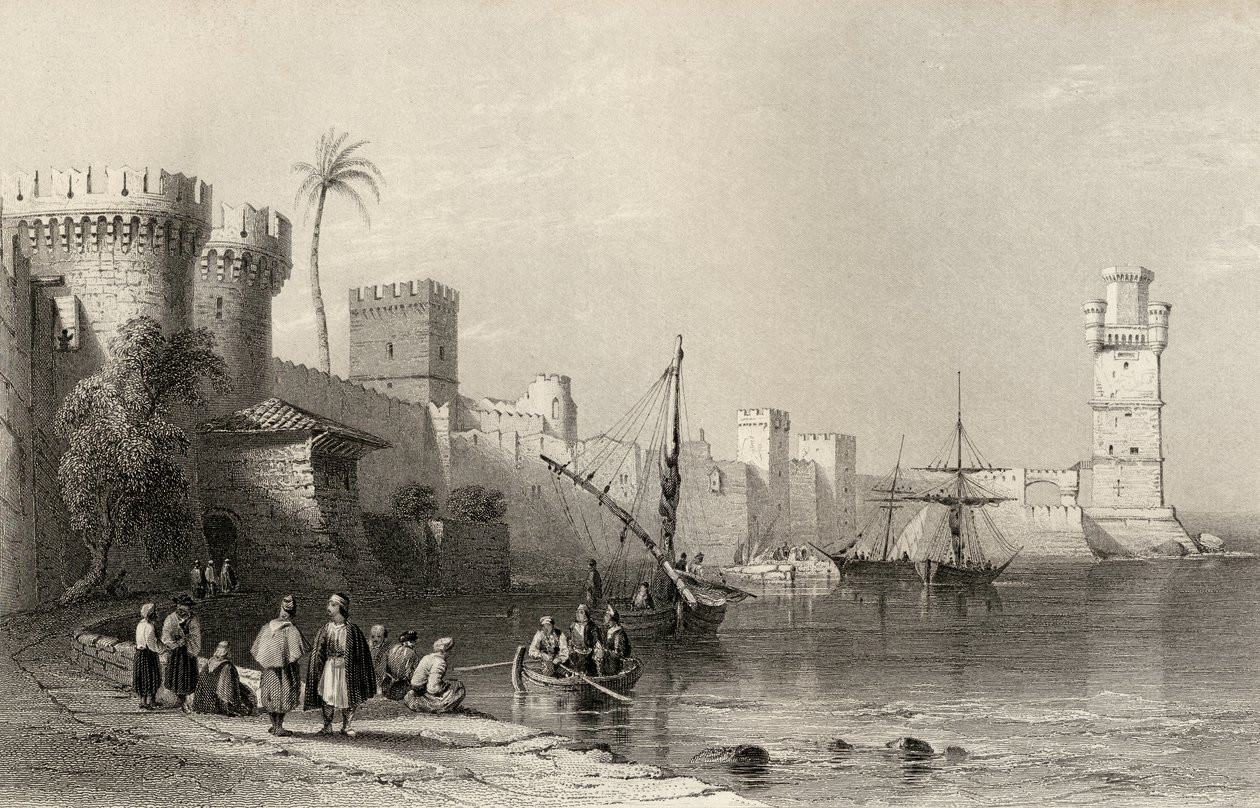 Rodos Limanı, Yunanistan, J.C. Armytage (1820-97) tarafından oyulmuş by William Henry Bartlett