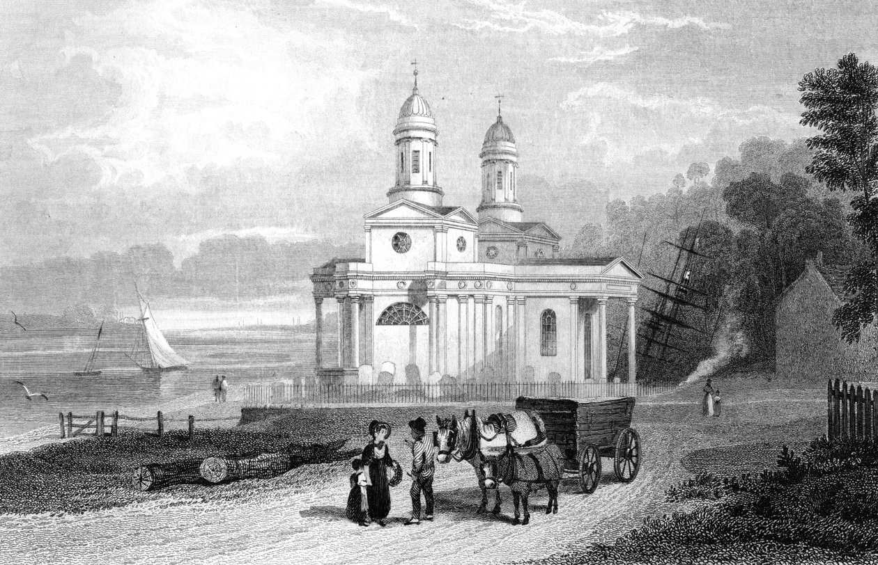 Mistley Thorn Kilisesi, Yakın Manningtree, Essex, Henry Adlard tarafından oyulmuş, 1832 by William Henry Bartlett