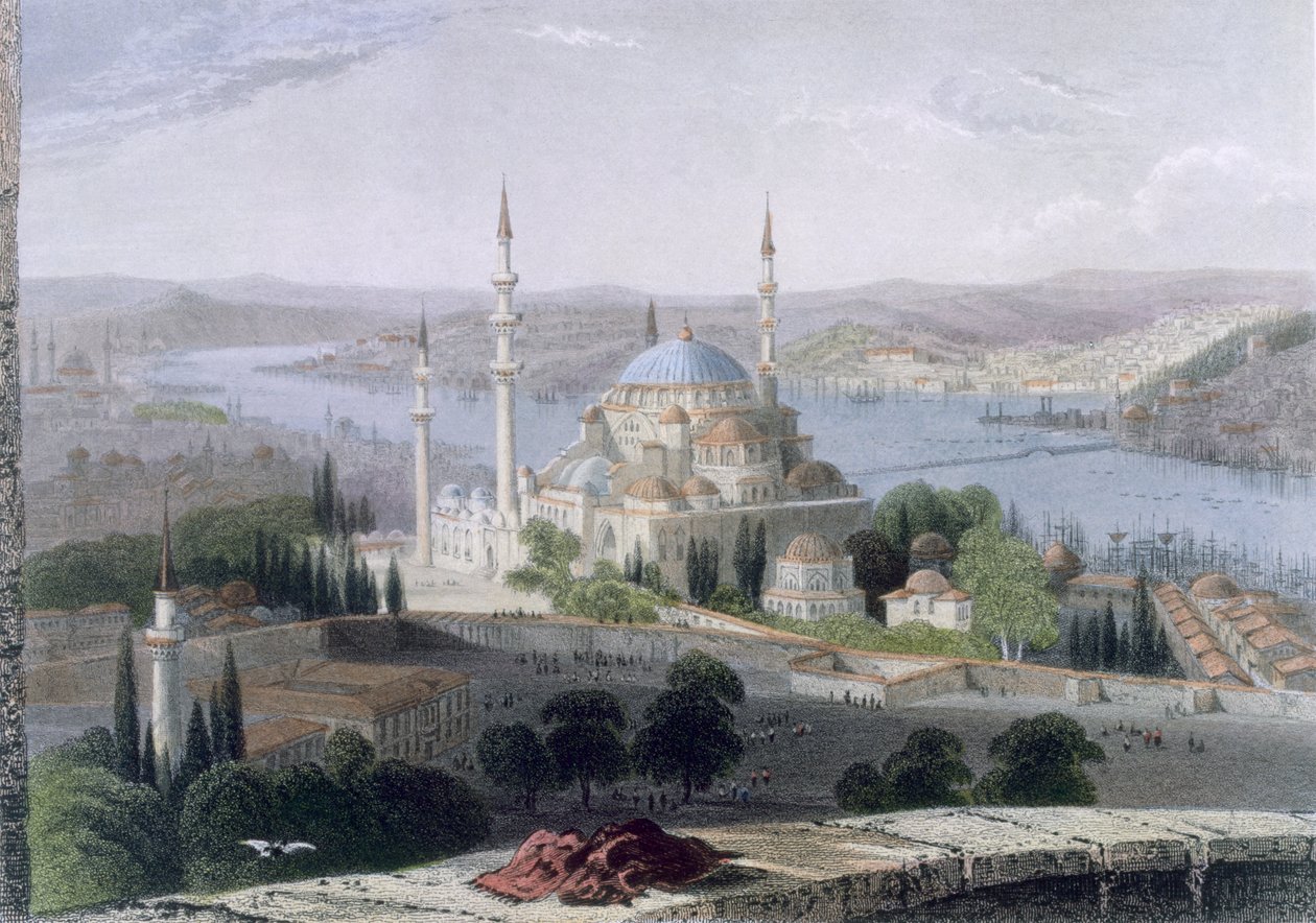 Süleyman Camii ve Türbesi, 1850 dolayları (renkli aquatint) by William Henry Bartlett