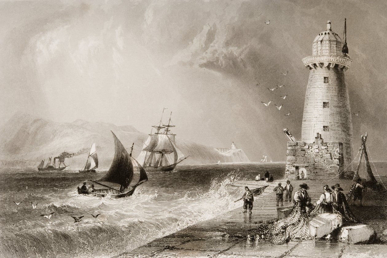 Uzakta Howth Tepesi ile Güney Duvarı Deniz Feneri, Dublin, George Virtue, 1860