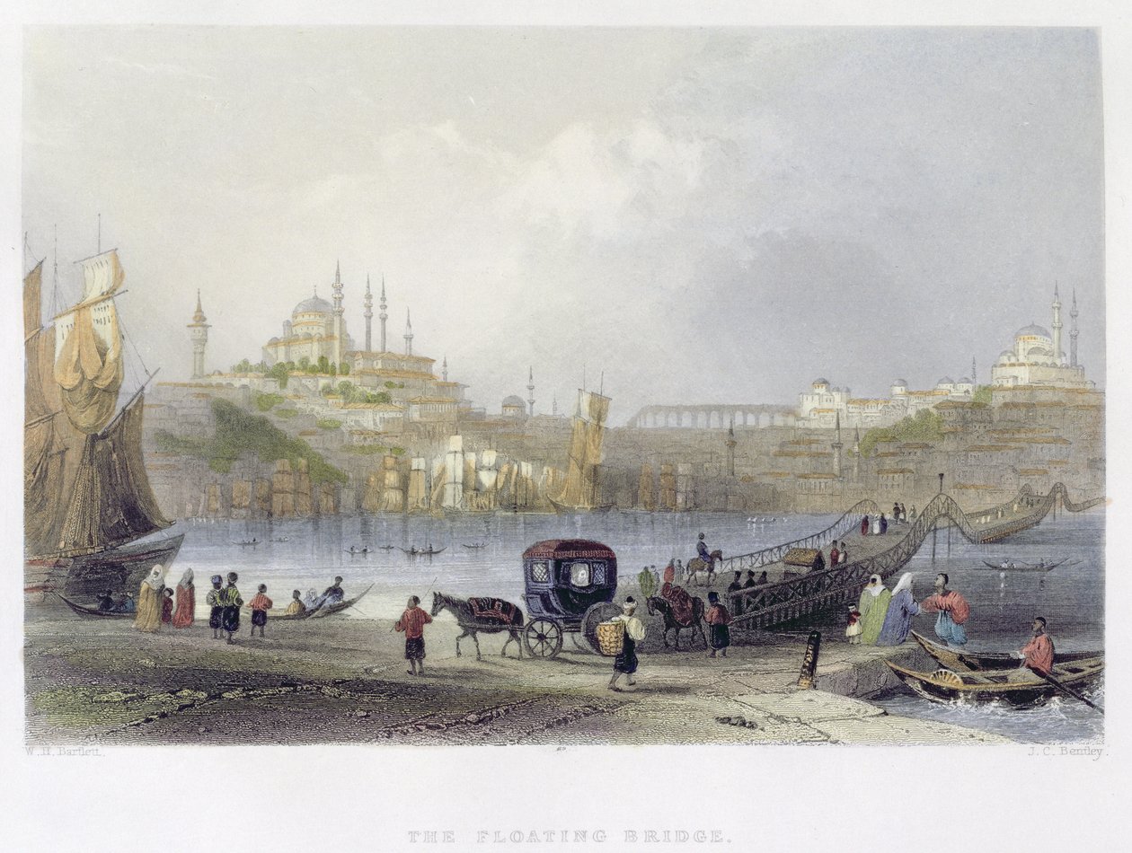 Yüzen Köprü, İstanbul, gravür JC Bentley, 1850 dolayları (aquatint) by William Henry Bartlett