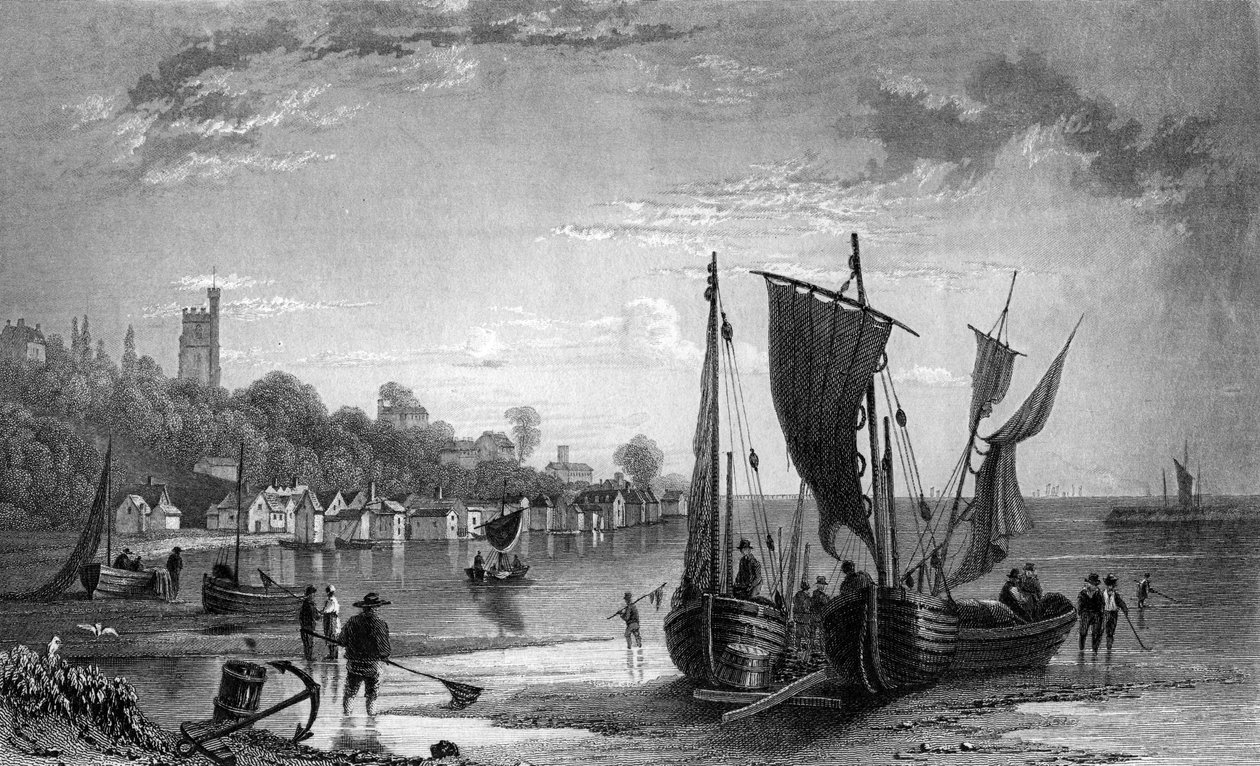 Charles Mottram tarafından kazınmış Southend, Essex yakınlarındaki Leigh Köyü, 1833 by William Henry Bartlett