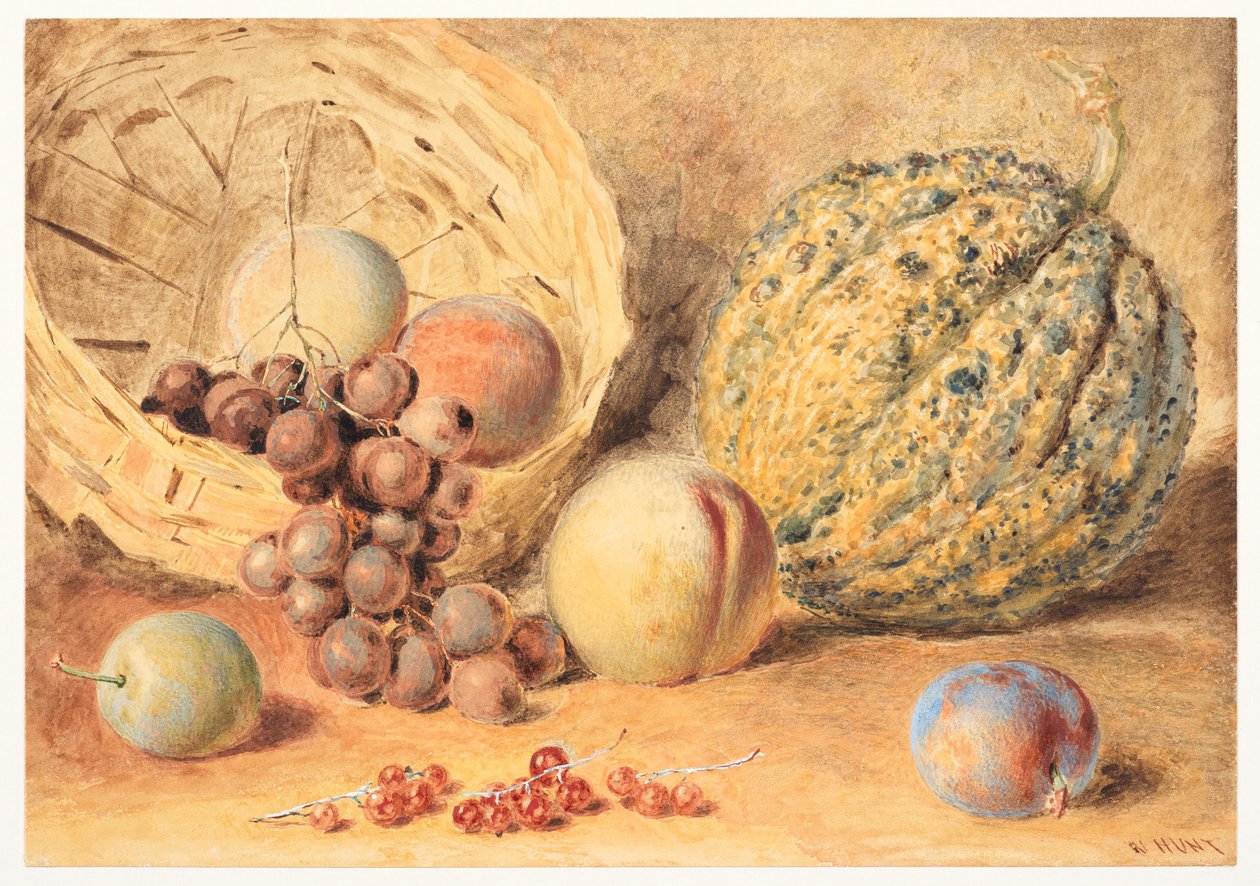 Kavun, şeftali, üzüm ve erik içeren sepet, c.1804 (grafit, biraz arap zamkı eklenmiş sulu boya, gövde rengi ve dokuma kağıt üzerine karalama) by William Henry Hunt