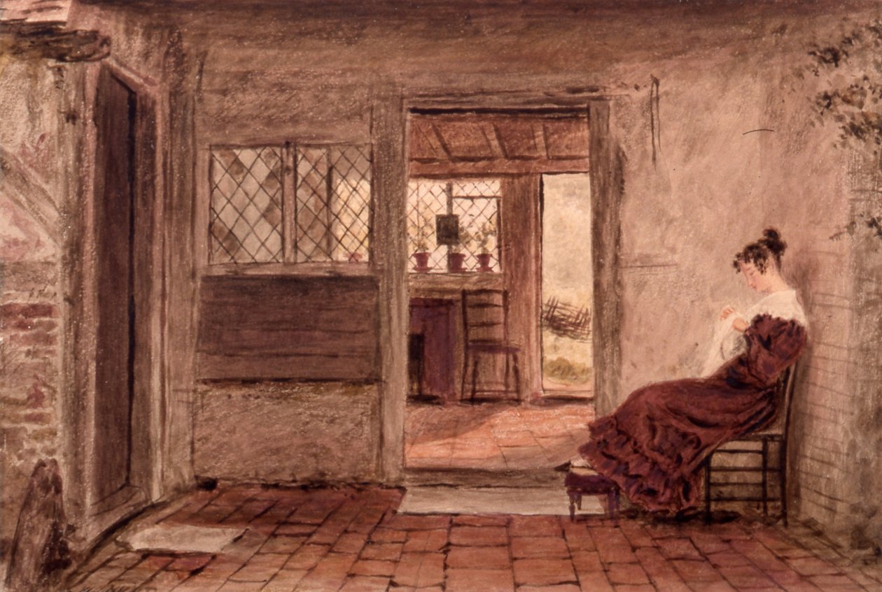 Kız dikişli kır evi içi, 1828 dolayları (kağıt üzerine suluboya) by William Henry Hunt