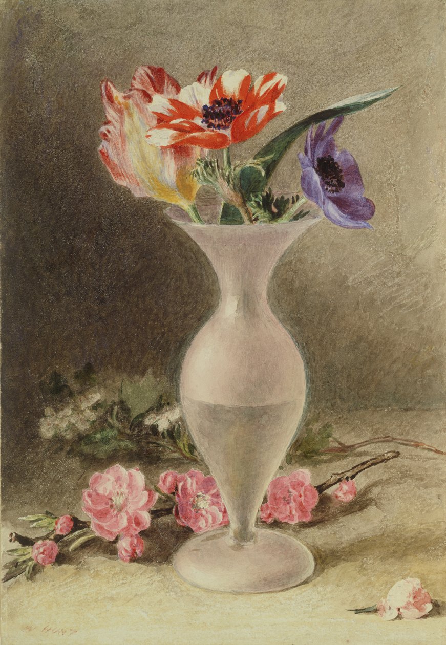 Cam vazo ve çiçekler by William Henry Hunt