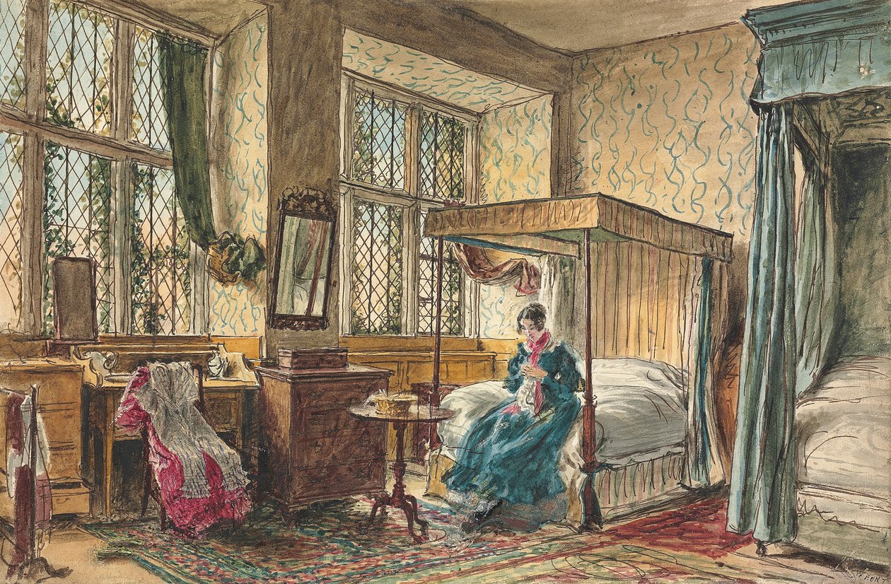 Bayan Moore yatak odasında dikiş dikiyor, Hardwick Hall, Derbyshire by William Henry Hunt