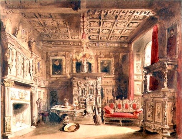A Tudor Interior (kağıt üzerine kahverengi mürekkep ve sulu boya) by William Henry Lake Price