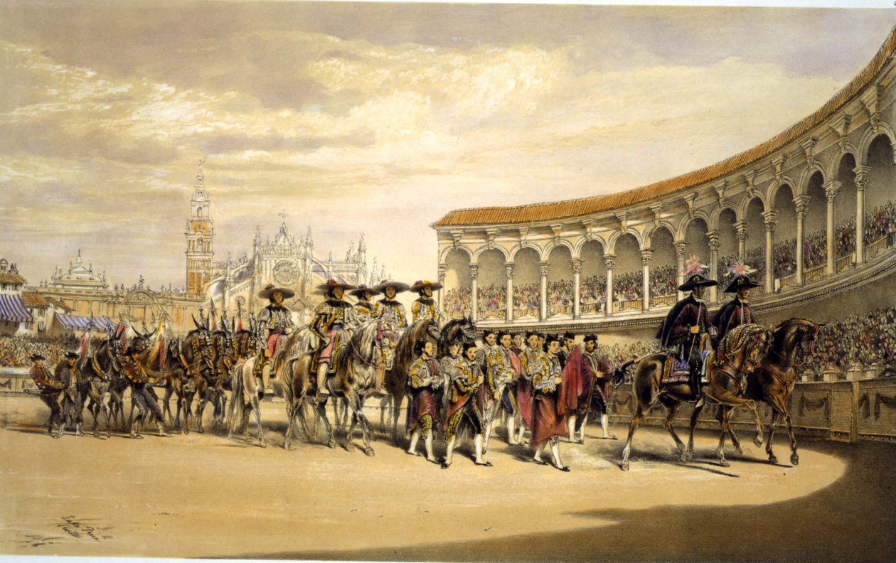 Alayda toreroların girişi. Lake Price (c1810-1896) İngiliz sanatçı. Boğa güreşçileri İspanya'nın Sevilla kentindeki stadyumda işliyor. Corrida Matador Gelenek Kostüm Kan Spor Gösterisi by William Henry Lake Price