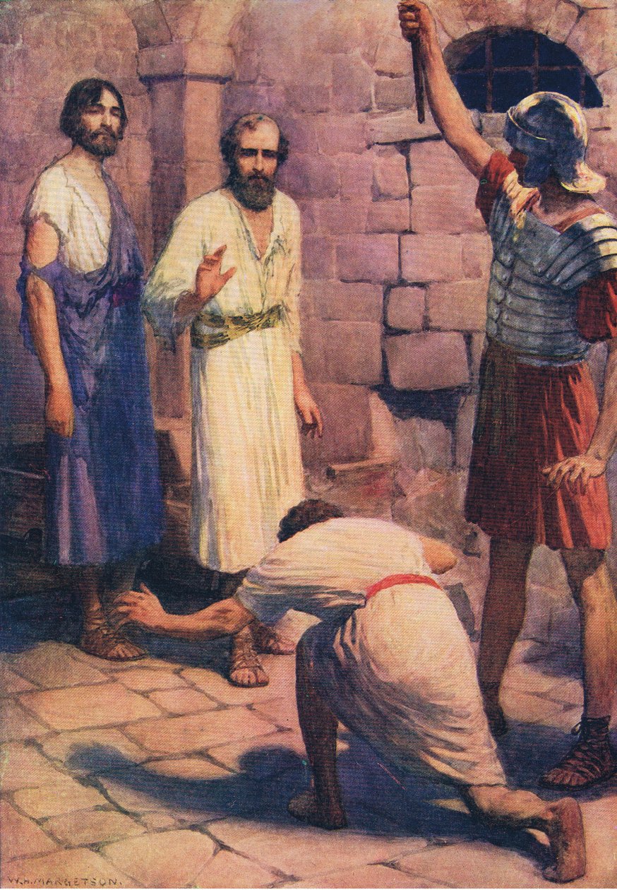 Paul ve Silas hapiste, Thomas Nelson tarafından yayınlanan İncil Resimli Kitaptan, c.1950 by William Henry Margetson