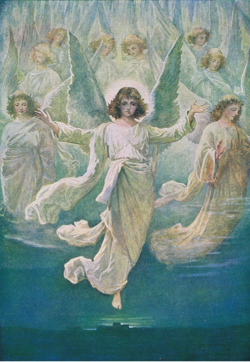 Melek korosu, Thomas Nelson tarafından yayınlanan İncil Resimli Kitaptan, c.1950 by William Henry Margetson