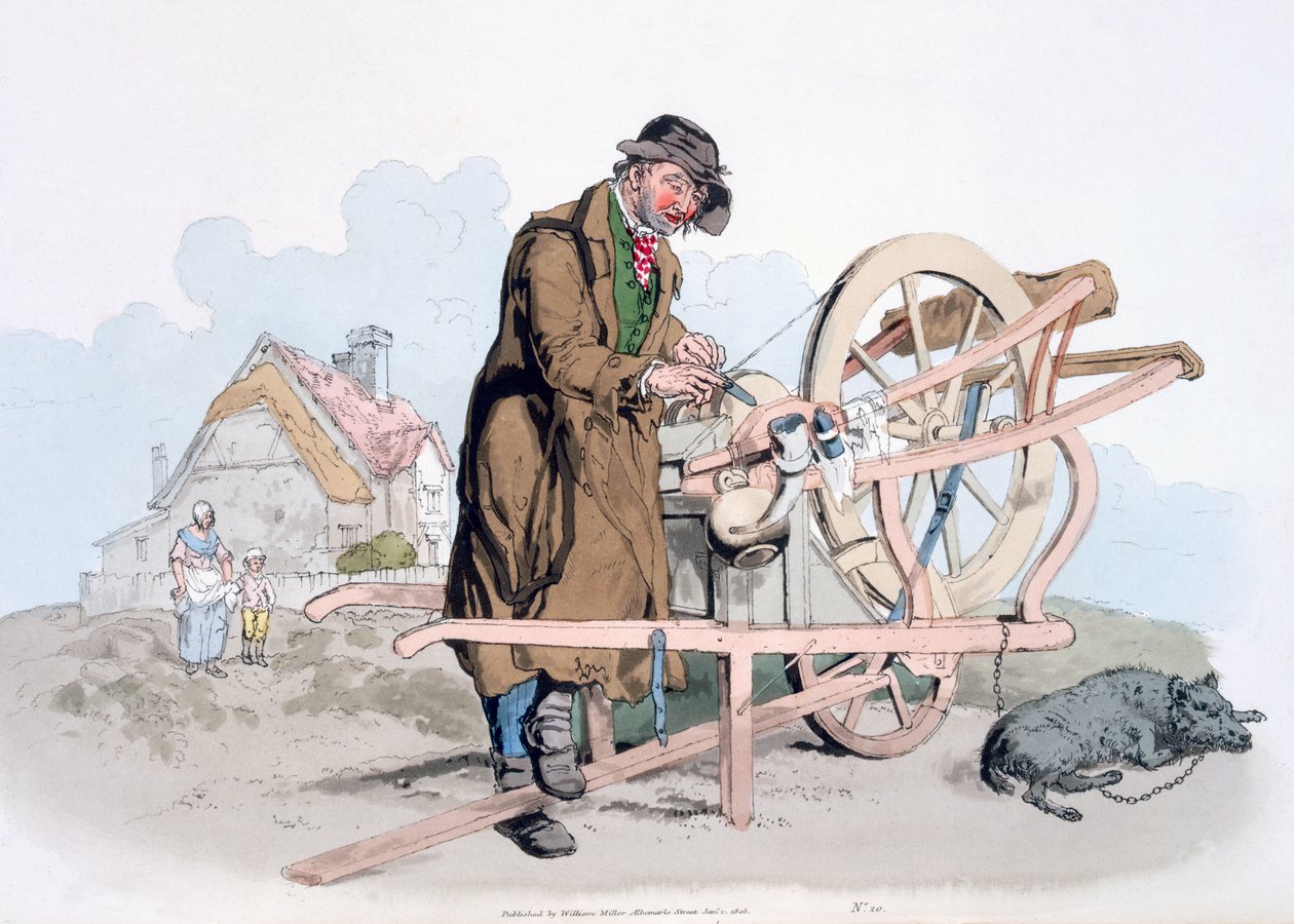 William Miller tarafından yayınlanan 'Büyük Britanya Kostümü'nden Bıçak Öğütücü, 1805 by William Henry Pyne