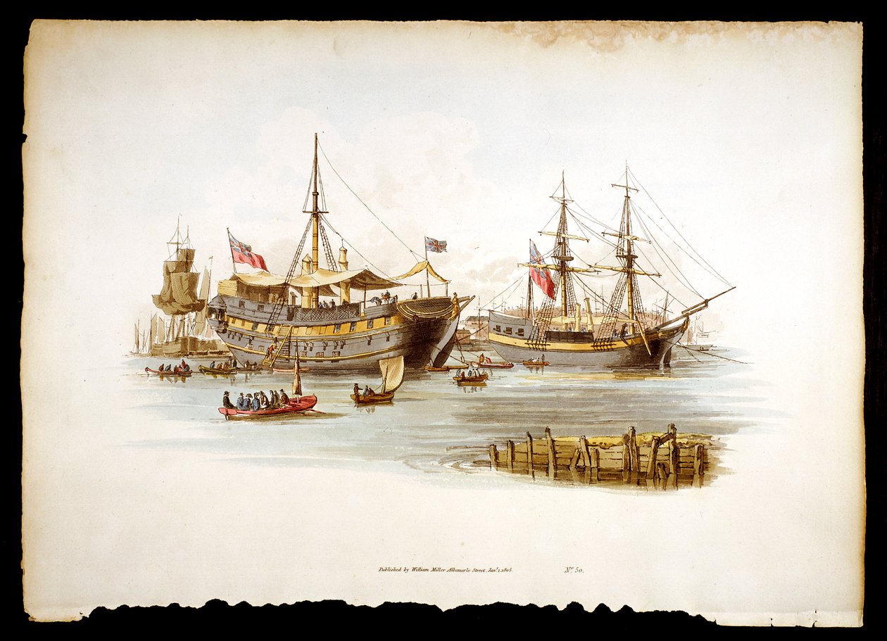 Hapishane gemileri, Londra Kulesi açıklarındaki Thames nehrinde, 1805 by William Henry Pyne