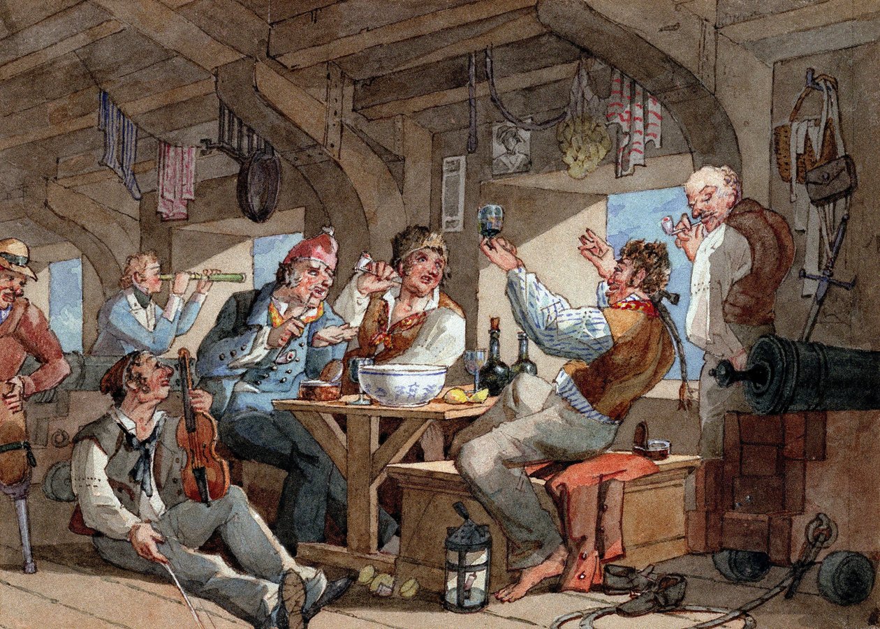Gemilerinin alt güvertesinde içki içen denizciler, keman çalan ve pipo içen sahne, halat üzerinde yatan keten ve gemideki ekipman (kılıç, silah, top, lamba) by William Henry Pyne
