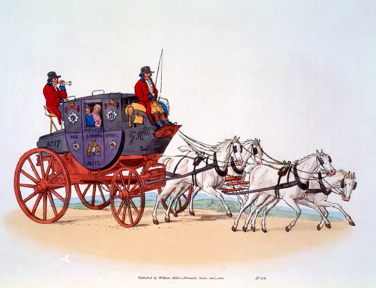 Posta arabası, Worcester ve Londra Kraliyet Postası, 1808 by William Henry Pyne