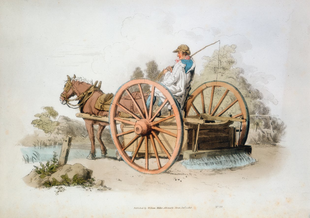 Yollardaki tozu tutmak için sulama arabası, 1808 by William Henry Pyne