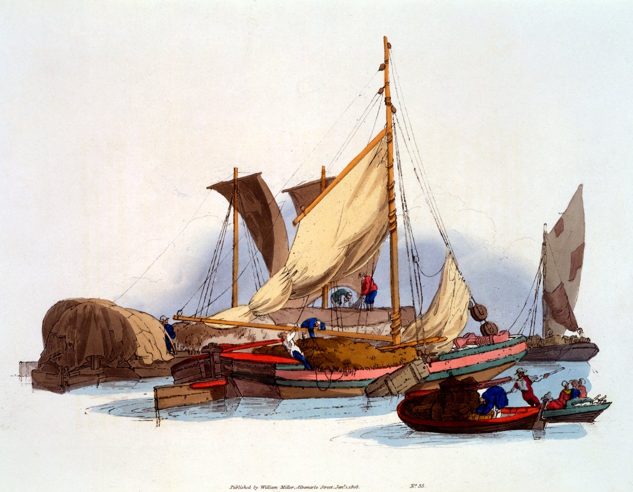 Waterman ve Bargemen, malları ve yolcuları taşıyor, 1808 by William Henry Pyne