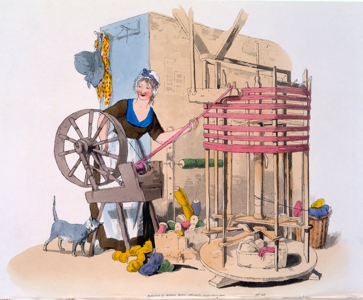 Çile yapmak için dönen bir makineye yün eğiren kadın, 1808 (el boyaması aquatint) by William Henry Pyne