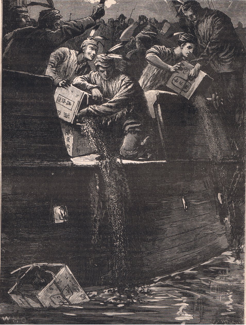 Kızılderili kılığına girmiş Bostonlı çocuklar, MS 1773'te çay sandıklarını limana atıyorlar. by William Heysham Overend