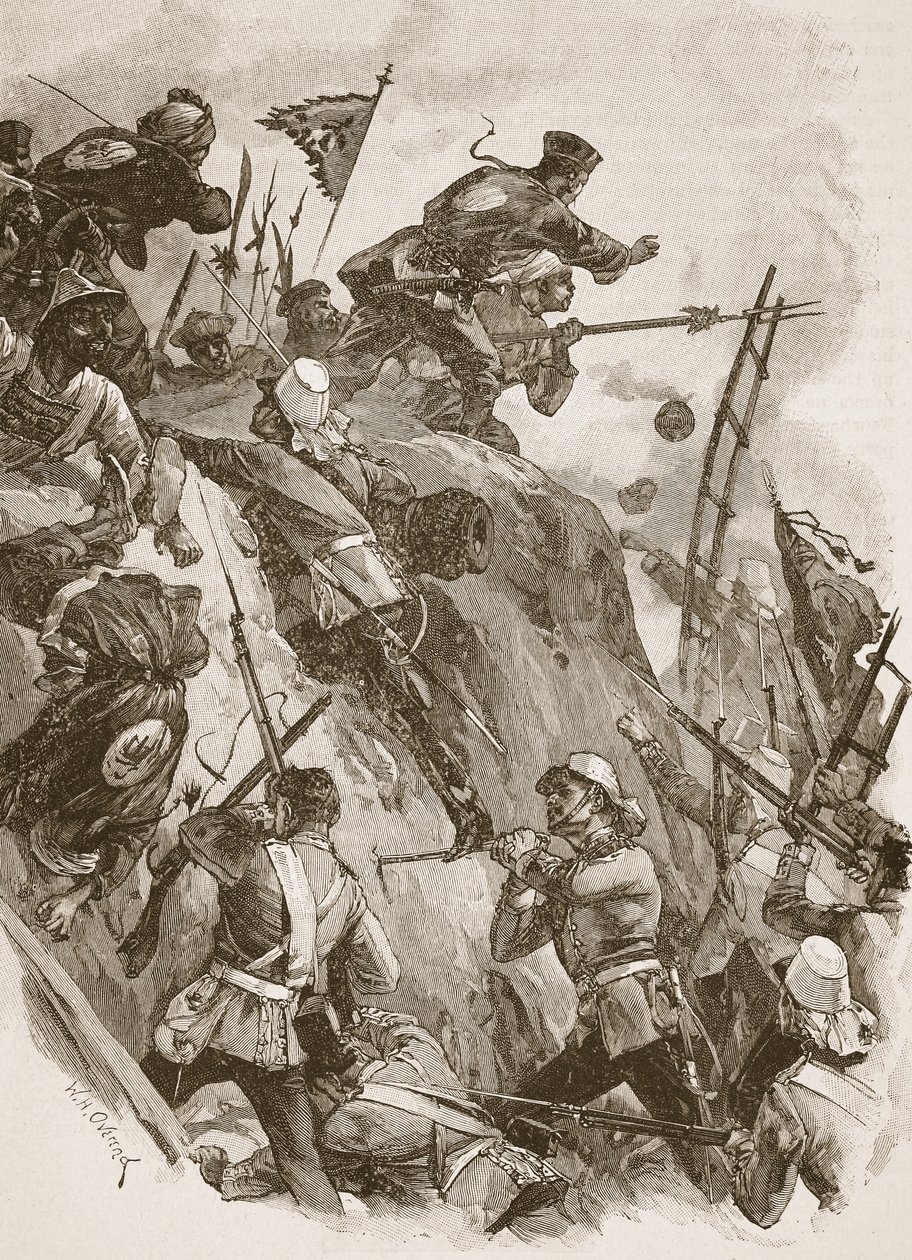 'Rogers içeri girdi, Teğmen Lenon tarafından yardım edildi', Archibald Forbes, GA Henty ve Binbaşı Arthur Griffiths'in 'Ondokuzuncu Yüzyıl Savaşları'ndan bir örnek by William Heysham Overend