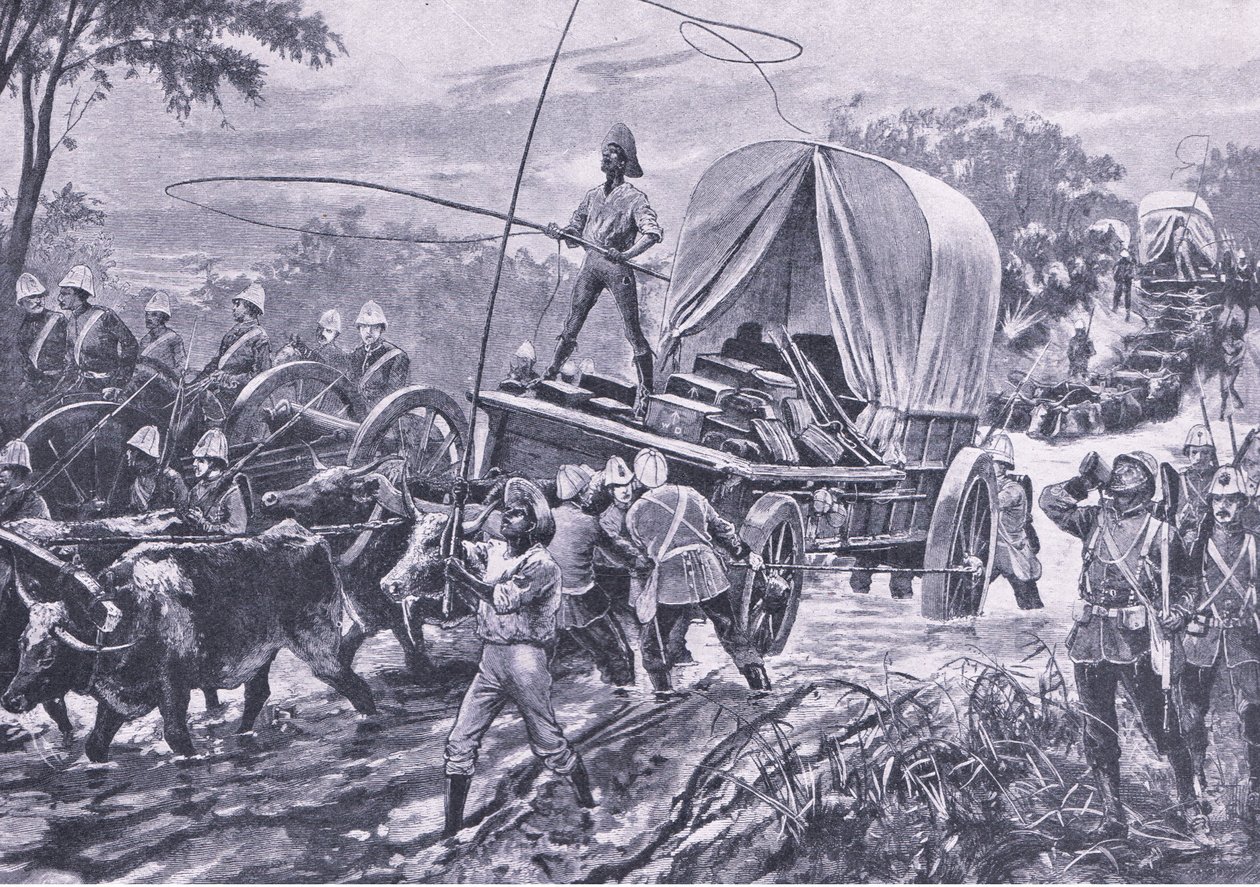Zulu Savaşı: Estowe Yardım Gücü bir dereyi geçiyor, Nisan 1879, İngiliz Kara ve Deniz Savaşlarından bir çizim, 1915 by William Heysham Overend