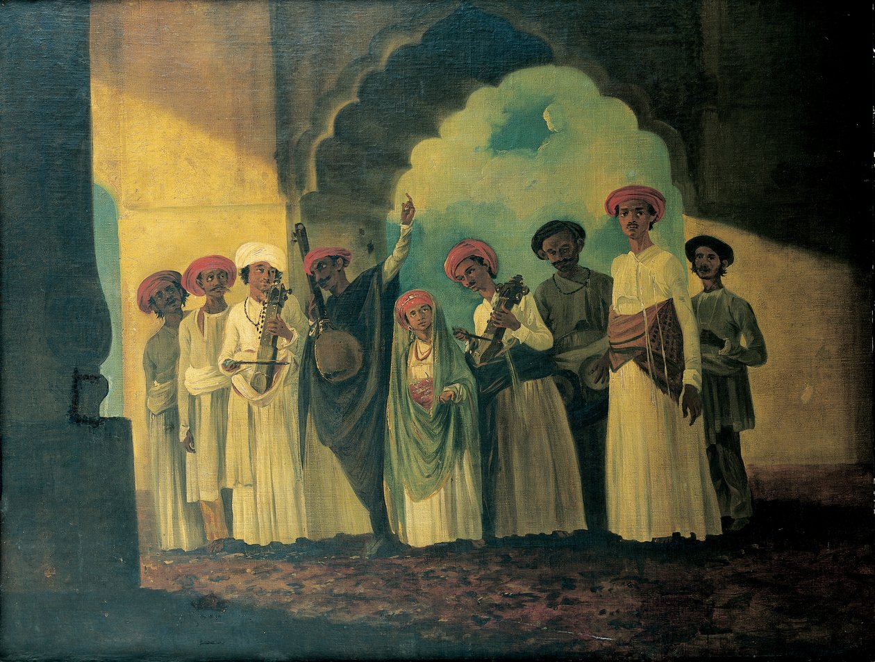 Terasta dans eden bir kızla sarangi, tambura ve tablas çalan Hintli müzisyenler grubu by William Hodges