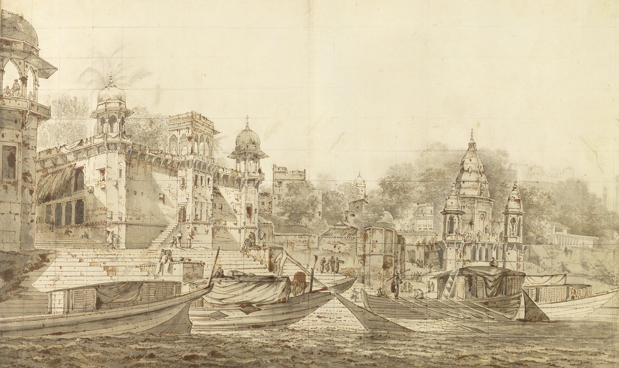 Benares Şehri Kısmının Görünümü, c.1781 (yıkama yuvasına yerleştirilmiş kağıt üzerine kurşun kalemle fırça ve mürekkeple gri yıkama) by William Hodges