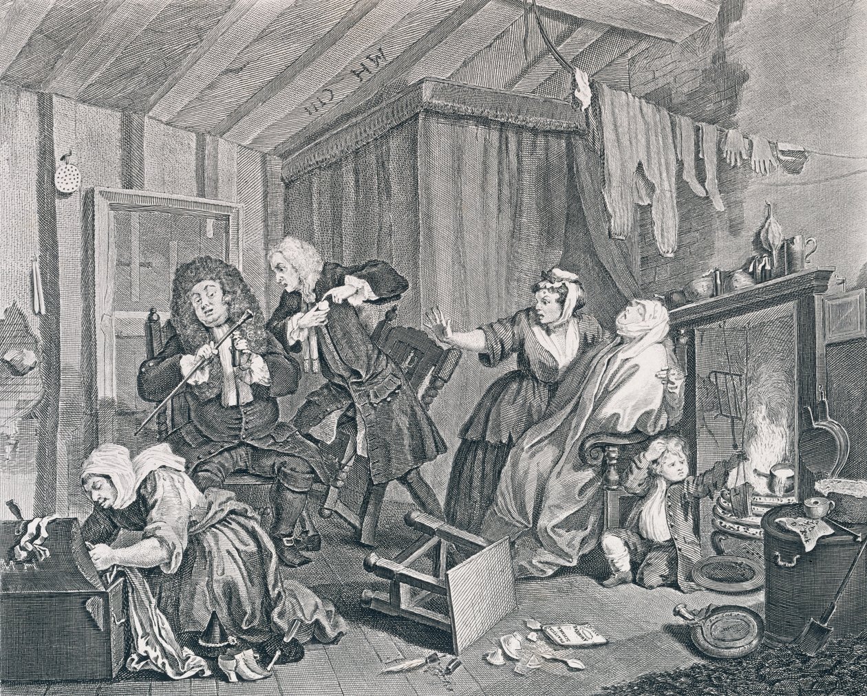 Bir Fahişenin İlerlemesi, Beşinci Tabak: Doktorlar Tartışırken Sona Eriyor, 1732 (gravür ve gravür) by William Hogarth