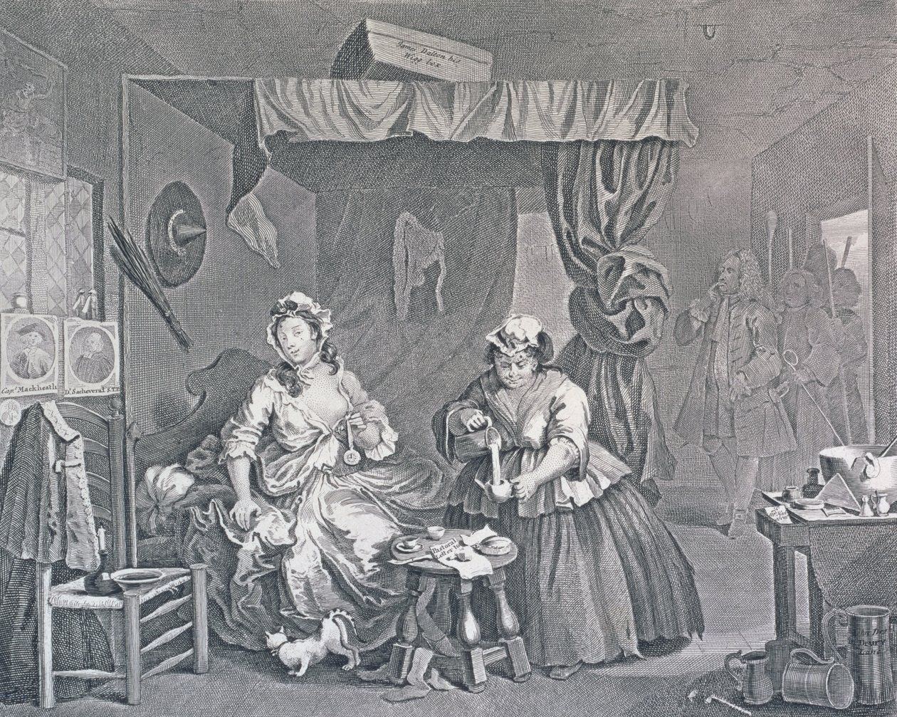 Bir Fahişenin İlerlemesi, Plaka Üç: Bir Sulh Hakimi Tarafından Yakalandı, 1732 (gravür ve gravür) by William Hogarth