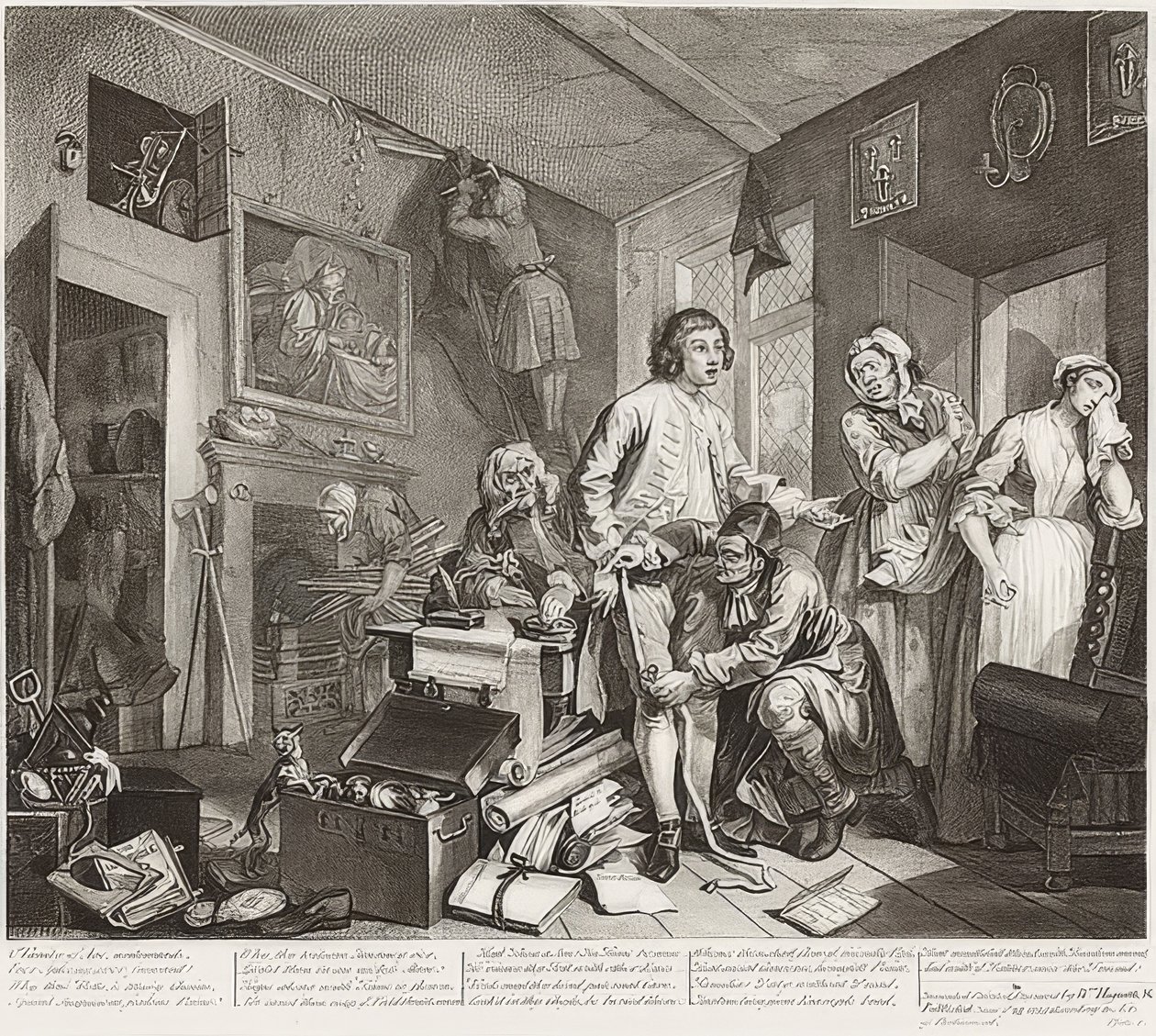 Bir Tırmık İlerlemesi, Levha 1: Mülkünün Mülkiyetinin Alınması Tırmık / Der Weg eines Liederlichen, Blatt 1: Die Erbschaft. 1735 by William Hogarth