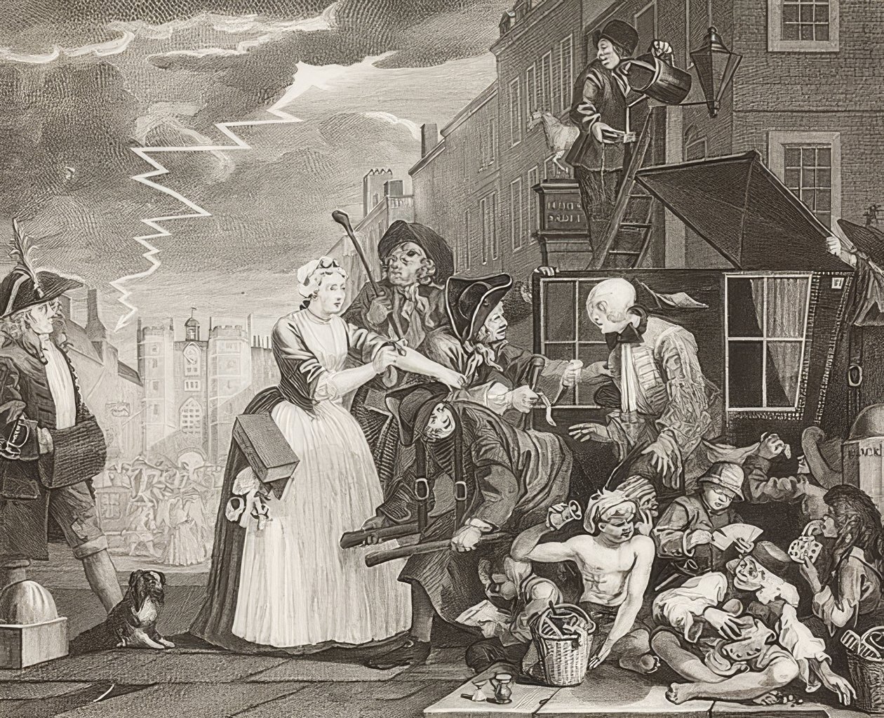 İlerleme, Plaka 4: Tırmık Tutuklandı, Mahkemeye Gidiliyor / Der Weg eines Liederlichen, Blatt 4: Tom Rakewell tutuklandı ve kurtarıldı. 1735 by William Hogarth